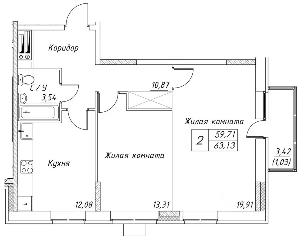 2-к кв. Московская область, Дмитров  (63.13 м) - Фото 0