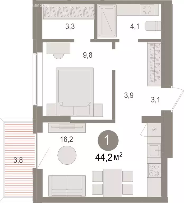 1-комнатная квартира: Новосибирский район, рабочий посёлок Краснообск, ... - Фото 2