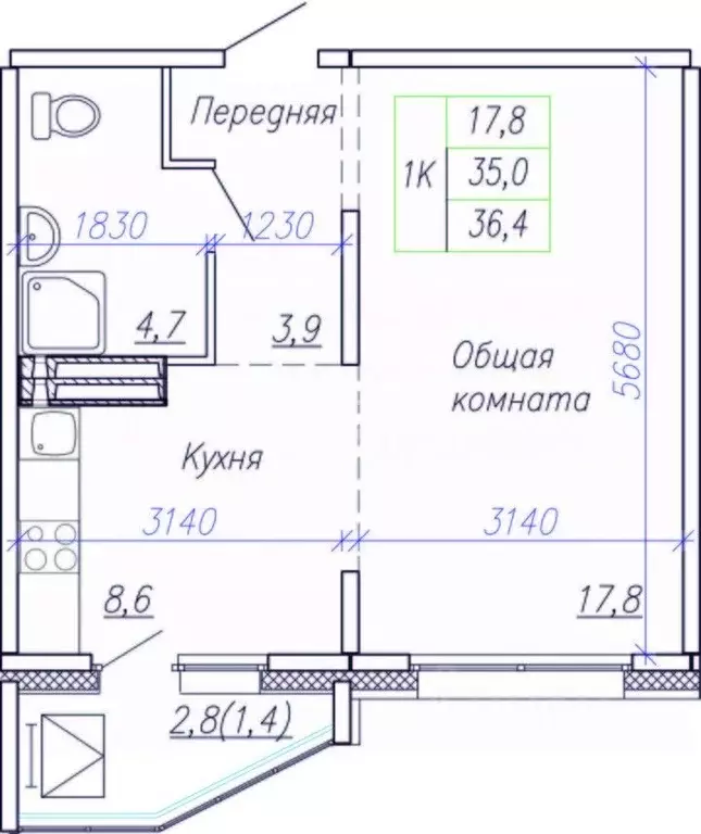 1-к кв. Курская область, Курск просп. Вячеслава Клыкова, 13 (37.0 м) - Фото 2