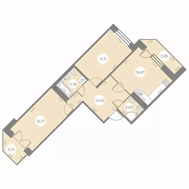 Квартира, 2 комнаты, 69.79 м - Фото 1