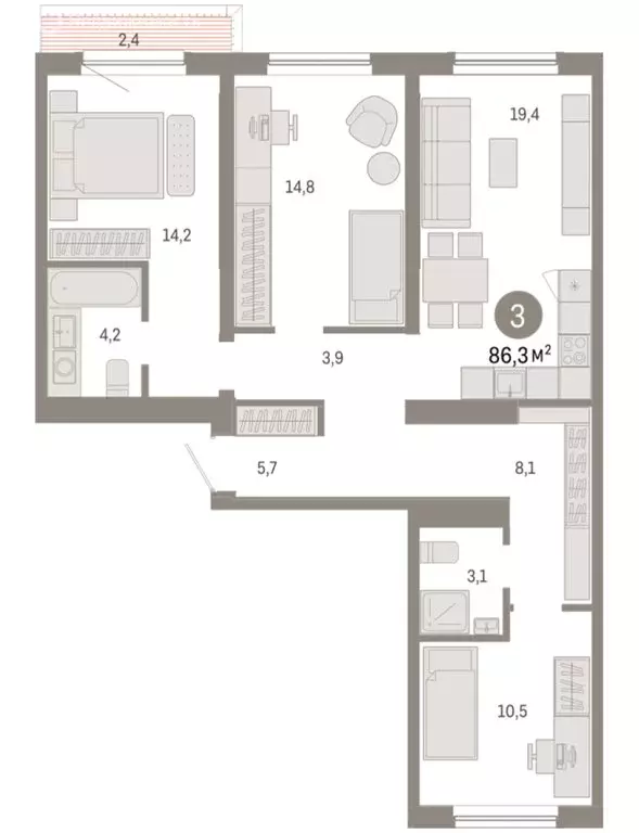 3-комнатная квартира: Новосибирск, Большевистская улица, с49 (86.32 м) - Фото 1