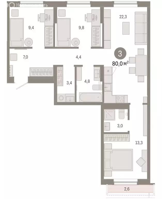 3-комнатная квартира: Тюмень, микрорайон ДОК, ЖК Октябрьский на Туре ... - Фото 2