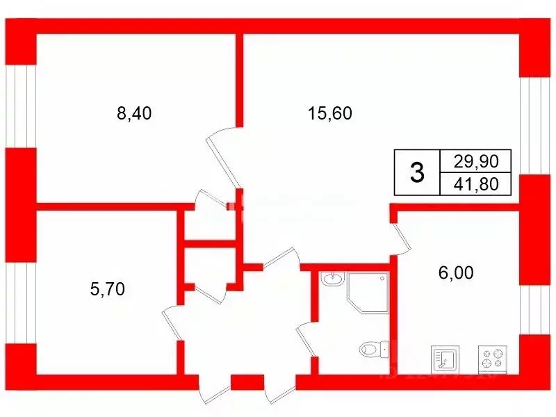 3-к кв. Санкт-Петербург ул. Зины Портновой, 12 (41.8 м) - Фото 2