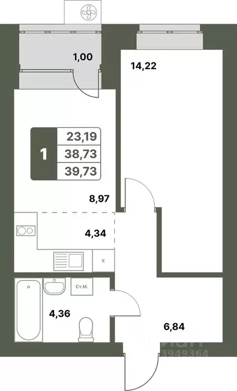 1-к кв. Башкортостан, Уфимский район, с. Миловка  (39.73 м) - Фото 1