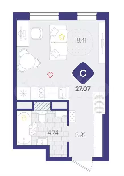 Квартира-студия, 27,1 м, 7/17 эт. - Фото 1