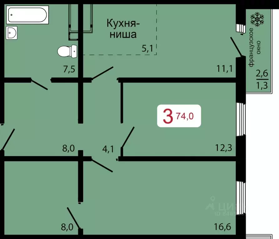3-к кв. Красноярский край, Красноярск ул. Калинина (74.0 м) - Фото 0