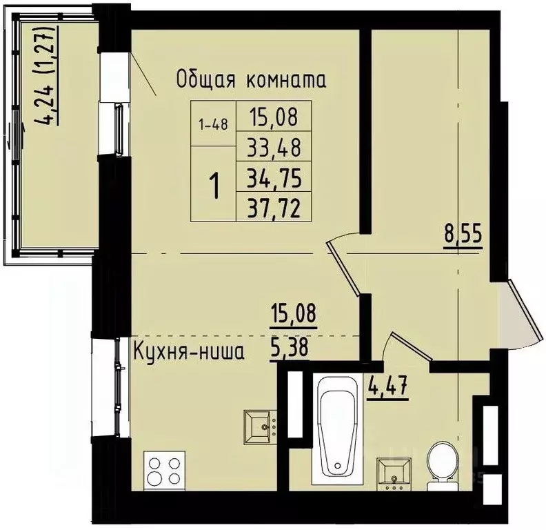 1-к кв. Саха (Якутия), Покровск ул. Орджоникидзе, 68 (34.75 м) - Фото 0