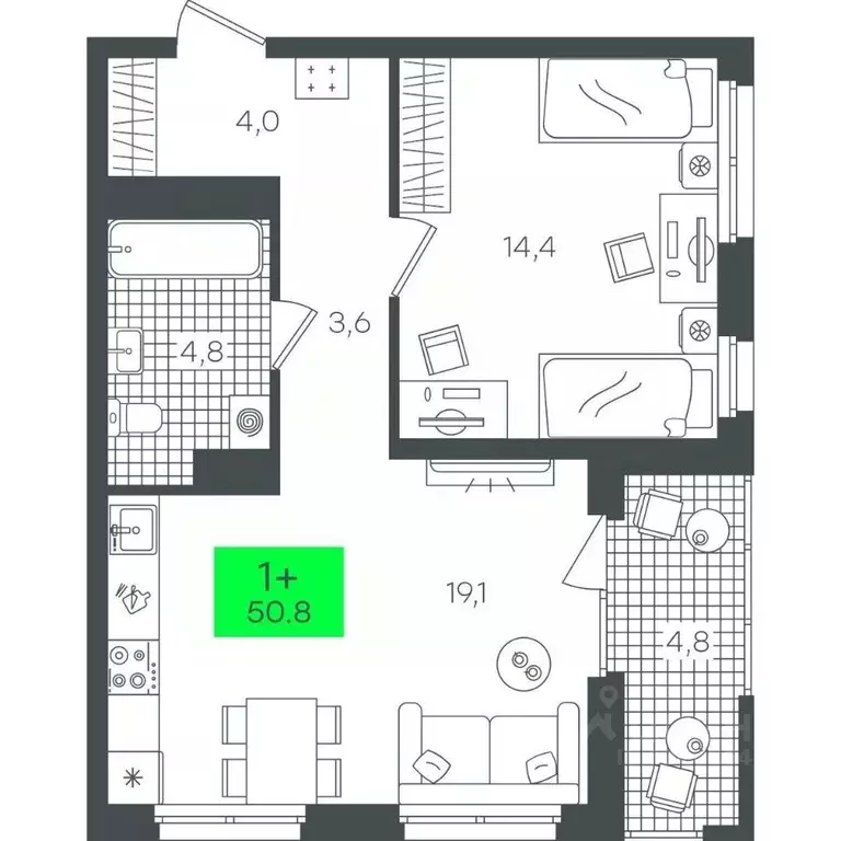 1-к кв. Тюменская область, Тюмень ул. Василия Малкова, 19 (50.89 м) - Фото 0