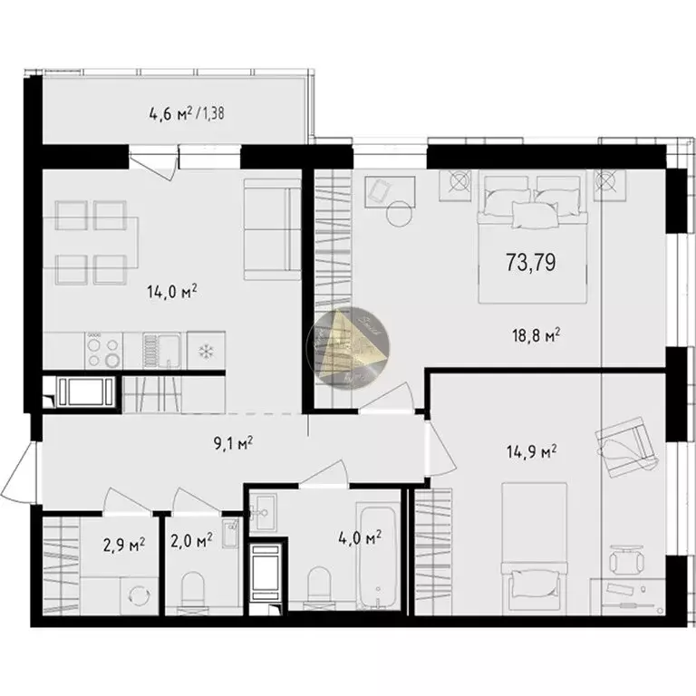 2-комнатная квартира: Санкт-Петербург, Суздальское шоссе, 18к4 (73.79 ... - Фото 1