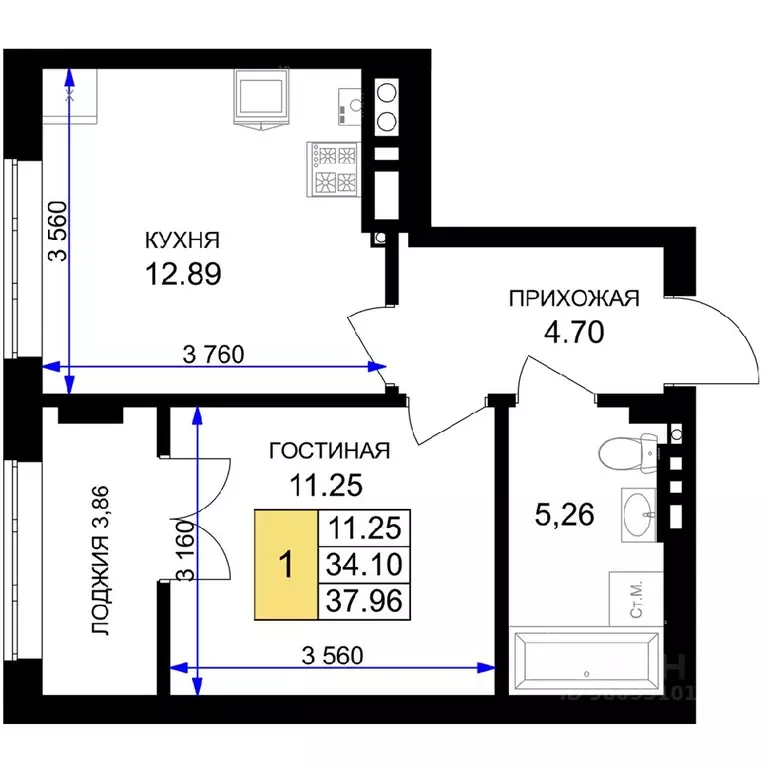 1-к кв. Калининградская область, Гурьевск Включи жилой комплекс (37.96 ... - Фото 0