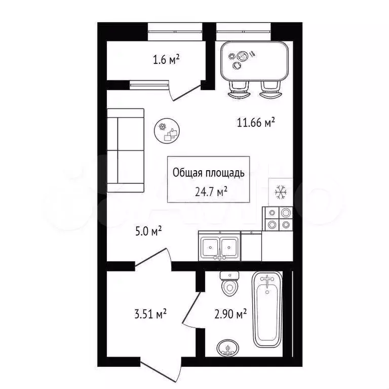 Квартира-студия, 24,7 м, 16/18 эт. - Фото 1