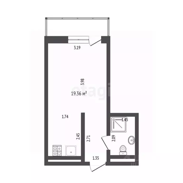 Студия Тюменская область, Тюмень ДОК мкр, ул. Воронинская, 47 (24.1 м) - Фото 2