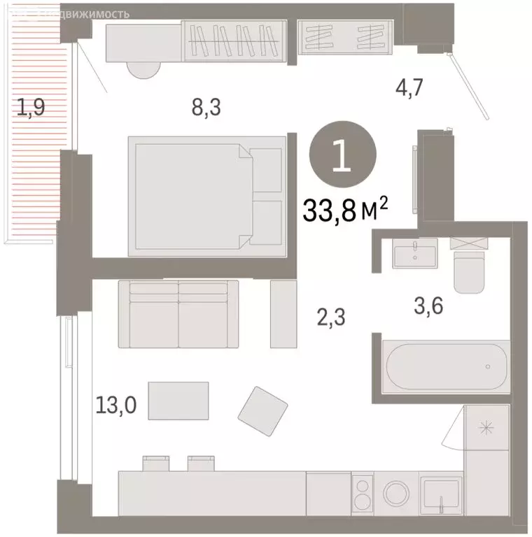 1-комнатная квартира: Тюмень, жилой комплекс Зарека (33.82 м) - Фото 1