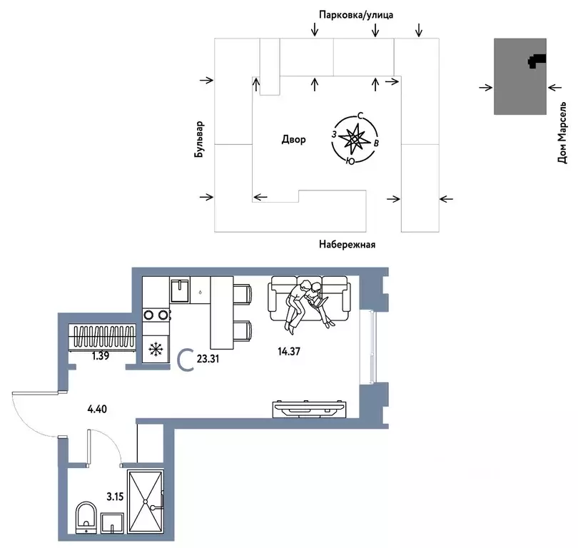 Студия Тюменская область, Тюмень Береговая ул., 100к2 (23.31 м) - Фото 1