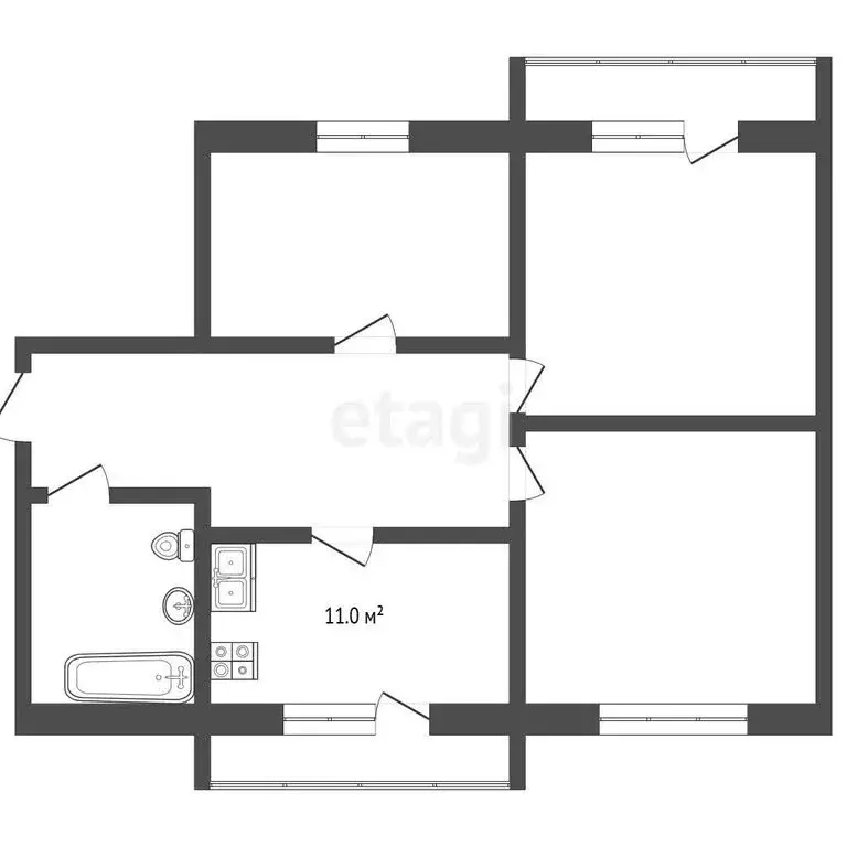 3-комнатная квартира: Баксан, улица имени Ю.А. Гагарина, 3 (59.93 м) - Фото 1