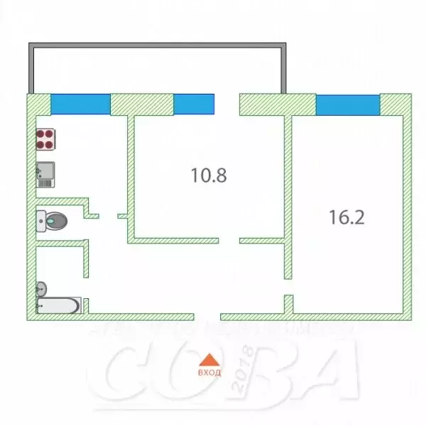 2-комнатная квартира: Тюмень, улица Муравленко, 15А (45.1 м) - Фото 2