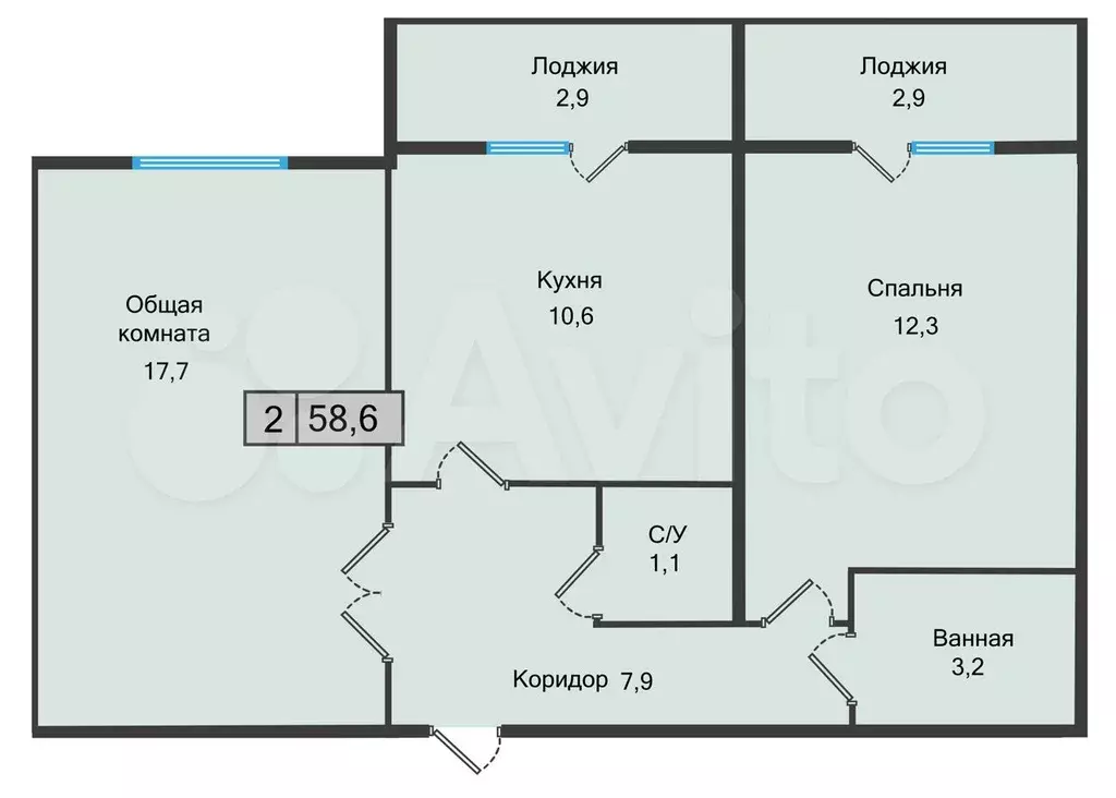 2-к. квартира, 58,6 м, 3/5 эт. - Фото 0