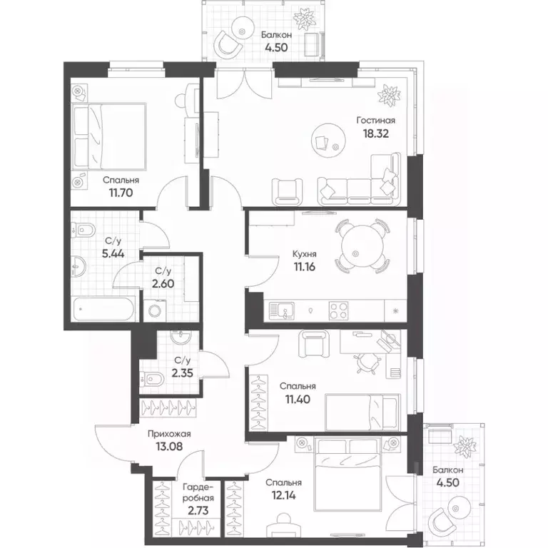 4-к кв. Татарстан, Казань ул. Гаврилова, 7к1 (94.7 м) - Фото 1