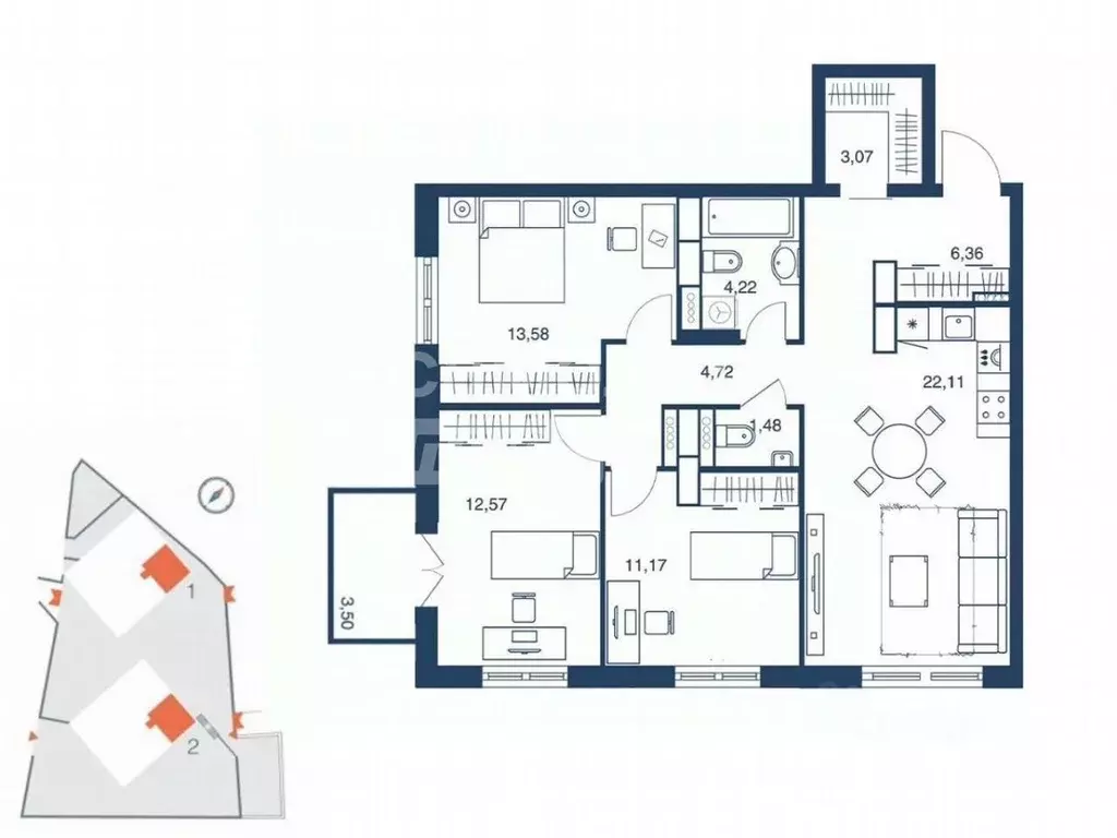 3-к кв. Липецкая область, Липецк Депутатская ул., 60 (80.0 м) - Фото 1