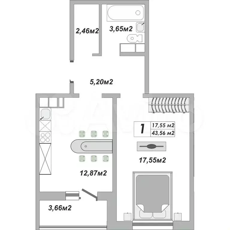 1-к. квартира, 44 м, 3/25 эт. - Фото 0