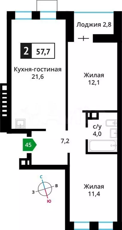 2-к. квартира, 57,7 м, 5/6 эт. - Фото 0