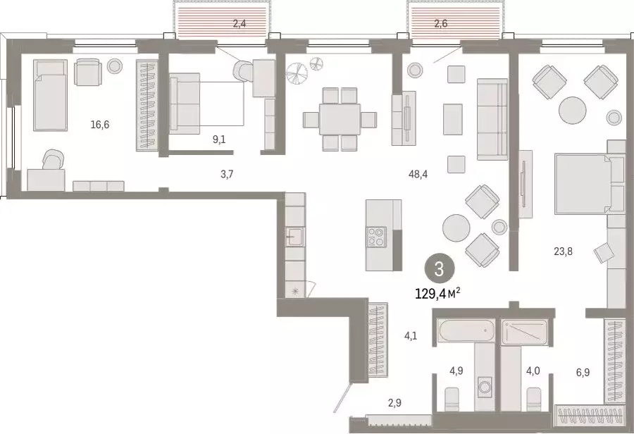 3-комнатная квартира: Тюмень, Мысовская улица, 26к2 (129.42 м) - Фото 1