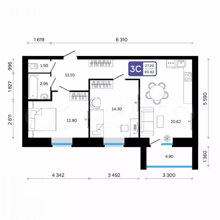 3-к. квартира, 65,8 м, 5/9 эт. - Фото 0