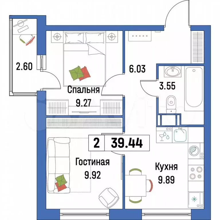 2-к. квартира, 39,4м, 4/16эт. - Фото 0