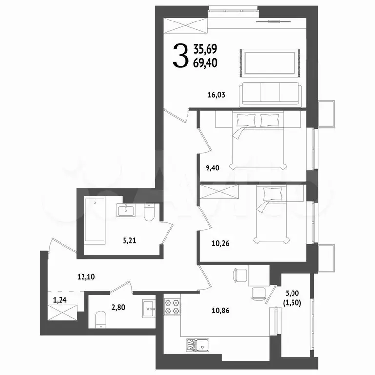 3-к. квартира, 69,3 м, 14/25 эт. - Фото 1