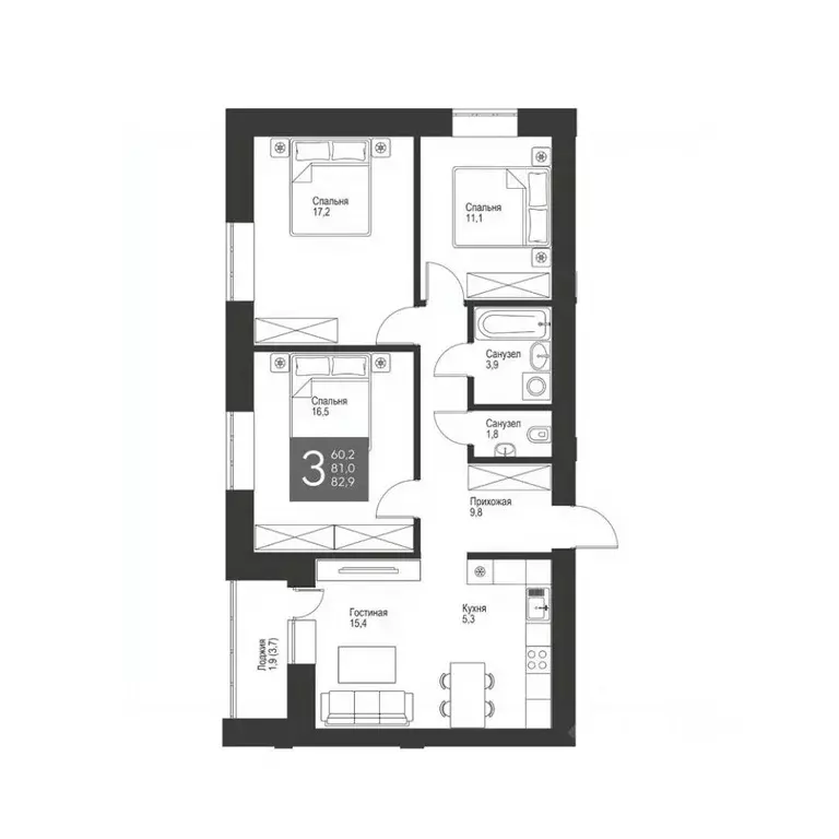 3-к кв. Татарстан, Альметьевск ул. Гафиатуллина, 60 (82.9 м) - Фото 1