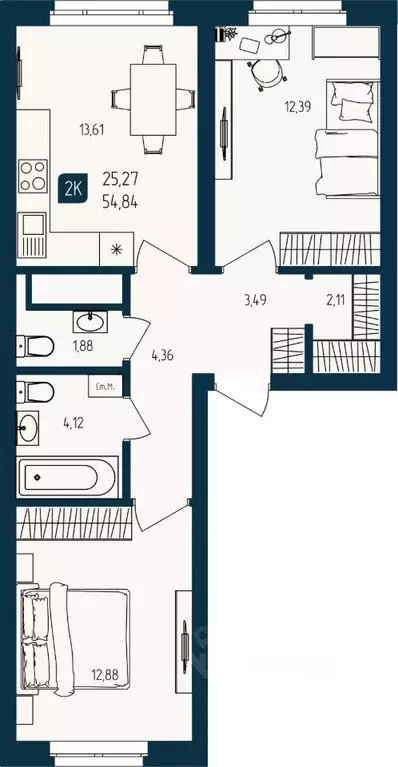 2-к кв. Тюменская область, Тюмень  (54.84 м) - Фото 0