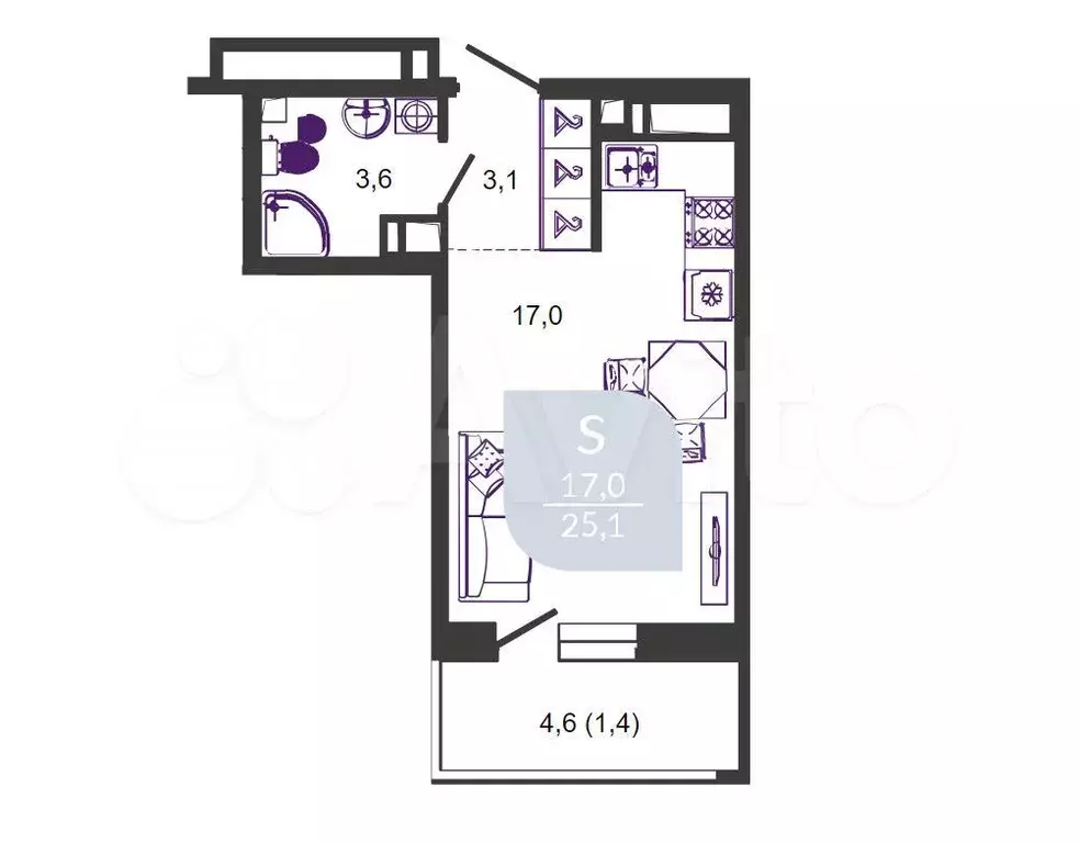 Квартира-студия, 25,1 м, 15/24 эт. - Фото 1