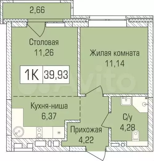 1-к. квартира, 39,9м, 2/9эт. - Фото 0