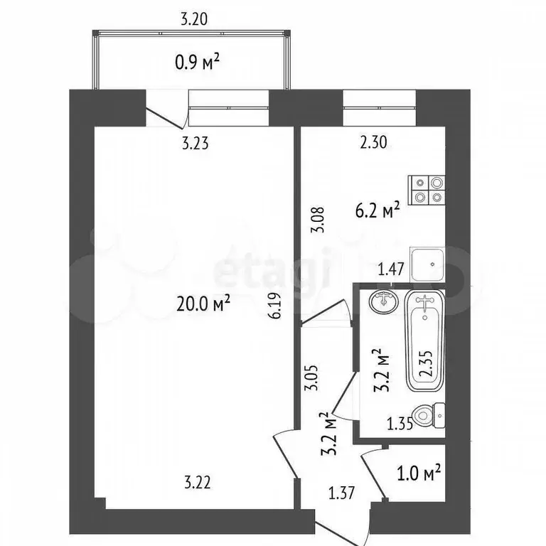 1-к. квартира, 33,6 м, 8/9 эт. - Фото 0