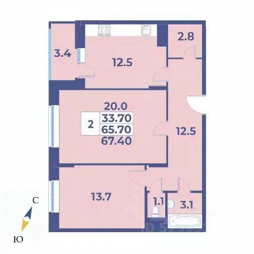 2-к кв. Москва № 27 кв-л, 95 (67.4 м) - Фото 0