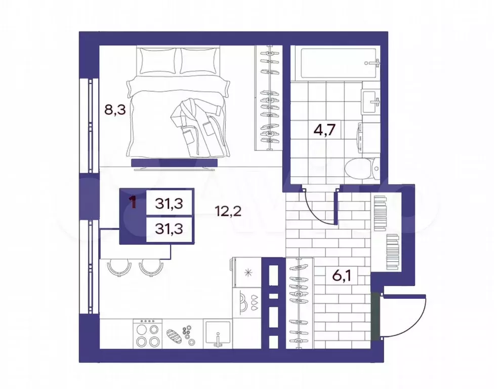 Квартира-студия, 31,3 м, 2/14 эт. - Фото 1