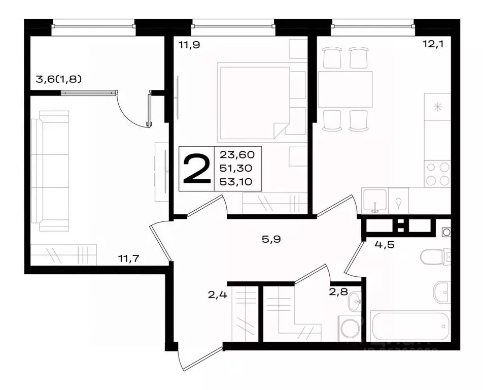 2-к кв. Ростовская область, Аксай просп. Аксайский (53.1 м) - Фото 1
