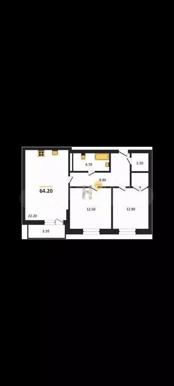 2-к. квартира, 64,2 м, 7/8 эт. - Фото 1