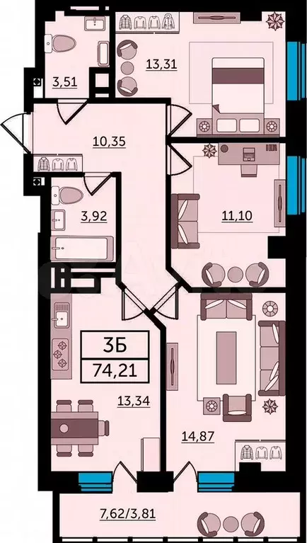 3-к. квартира, 75,8 м, 20/24 эт. - Фото 1