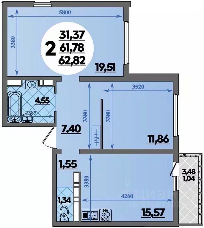 2-к кв. Адыгея, Майкоп  (62.82 м) - Фото 1