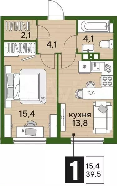 1-к. квартира, 39,5м, 3/16эт. - Фото 1