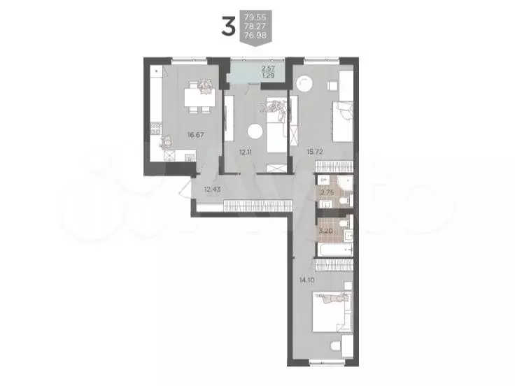 3-к. квартира, 78,3 м, 6/9 эт. - Фото 1