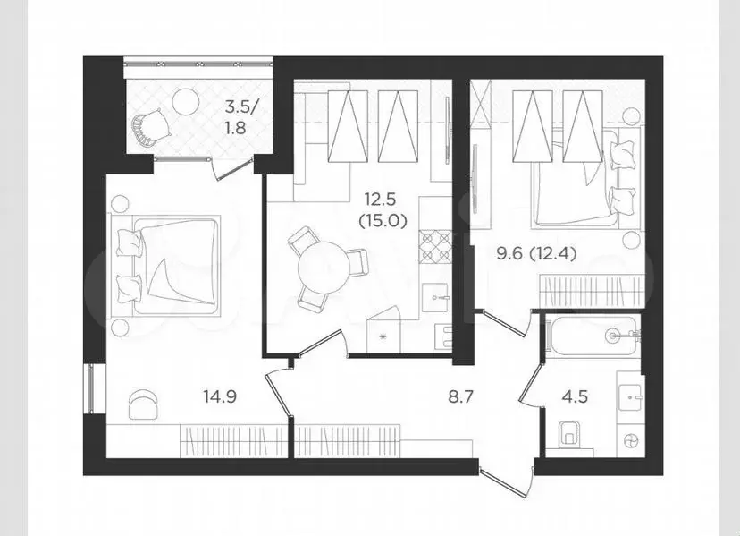 2-к. квартира, 52м, 4/4эт. - Фото 1