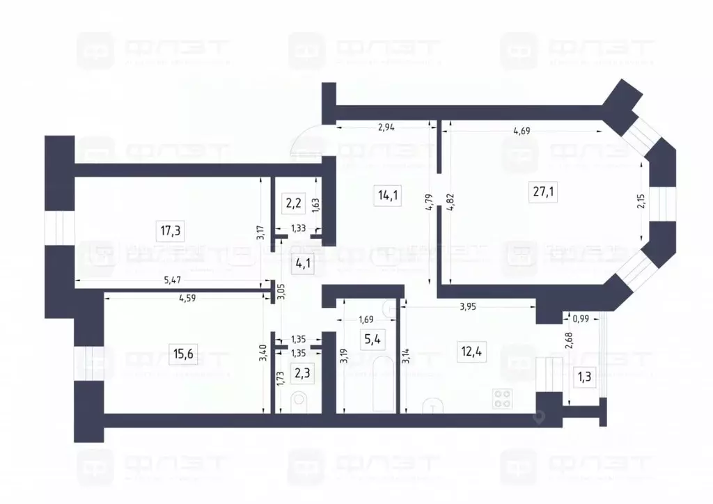 3-к кв. Татарстан, Казань ул. Масгута Латыпова, 34 (100.5 м) - Фото 2