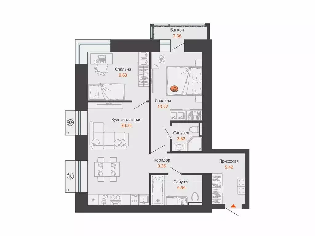 2-комнатная квартира: Пермь, микрорайон Камская Долина (60 м) - Фото 1