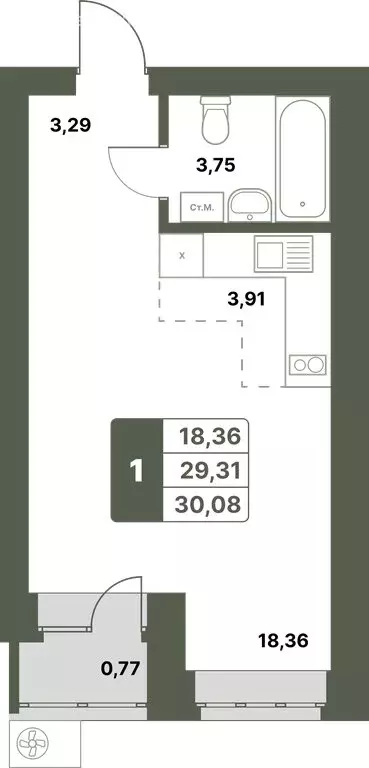 1-комнатная квартира: Уфимский район, село Миловка (30.08 м) - Фото 0