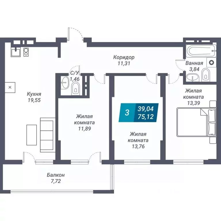 3-к кв. Новосибирская область, Новосибирск ул. Королева, 19 (75.12 м) - Фото 0