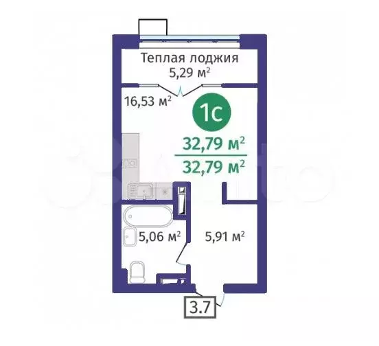 Квартира-студия, 32,8 м, 13/24 эт. - Фото 1