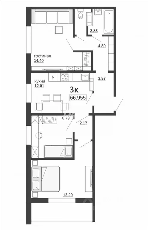 3-к кв. Челябинская область, Челябинск Артиллерийская ул., 97 (67.0 м) - Фото 2