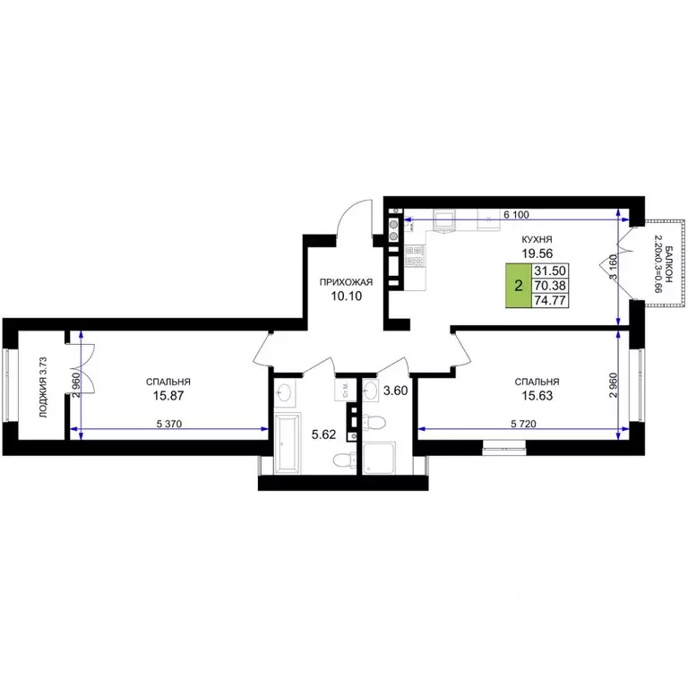 2-к кв. Калининградская область, Гурьевск Включи жилой комплекс (74.77 ... - Фото 1